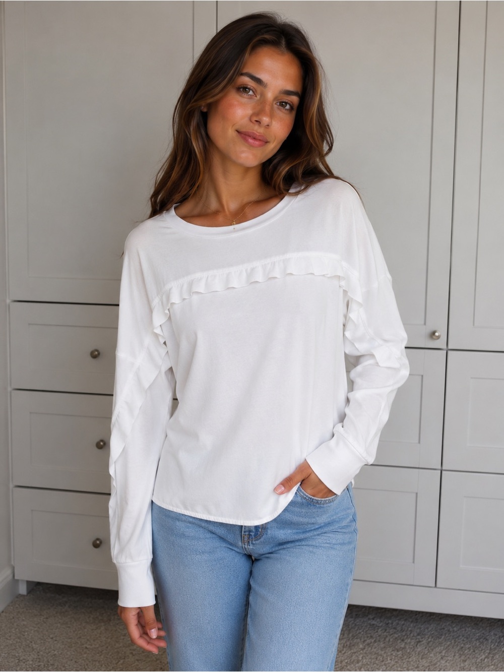 Marc Cain Women's White Ruffle-Trim Long Sleeve Top